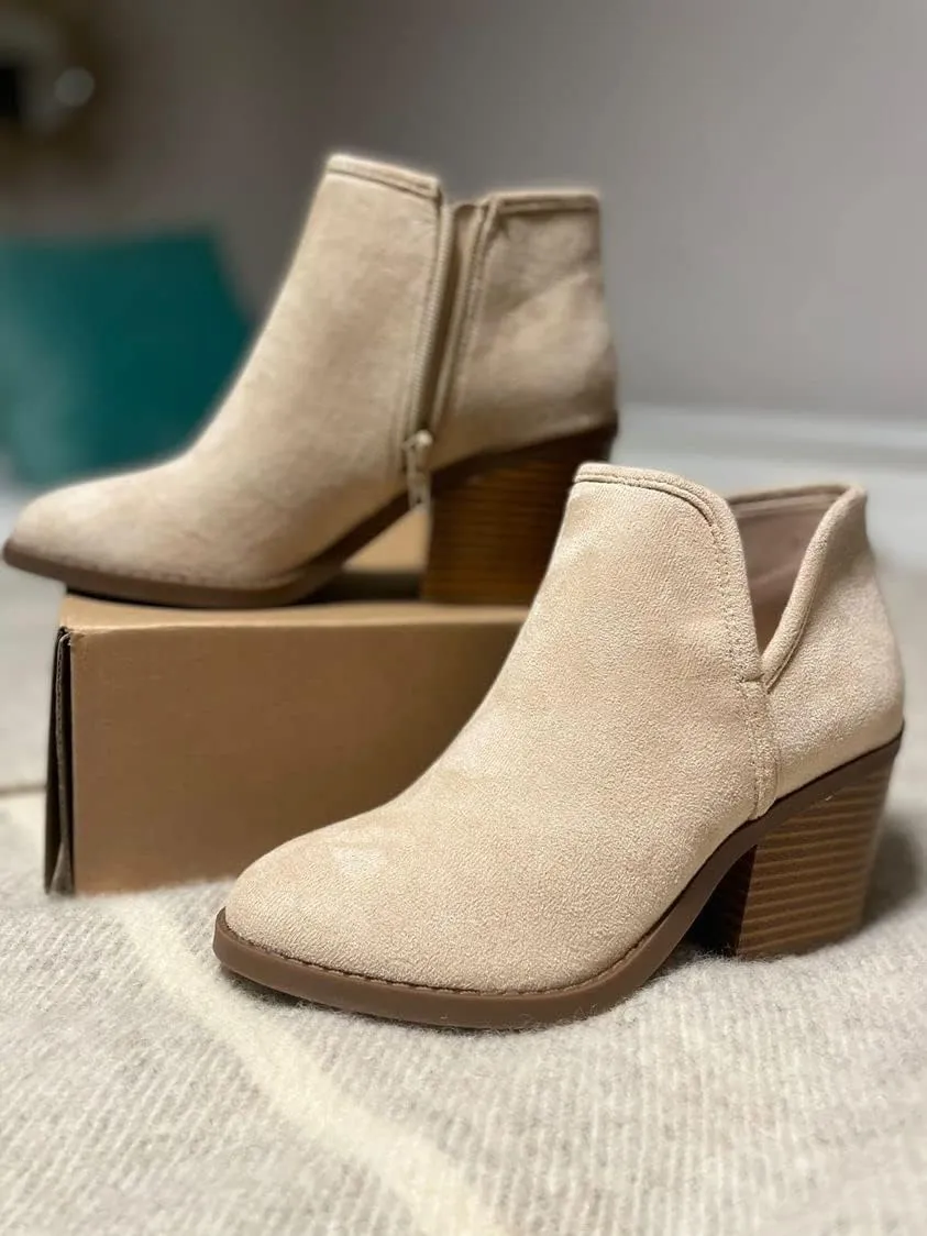 PiePieBuy Womens Ankle Boots Chunky Stacked Heel Slip on Shoes Faux Suede Side Zipper Casual Western Booties