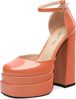 Platform Chunky High Heels for Women Paten Round Closed Toe Ankle Strap Sandals Sexy Fashion Party Dress Shoes
