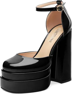 Platform Chunky High Heels for Women Paten Round Closed Toe Ankle Strap Sandals Sexy Fashion Party Dress Shoes
