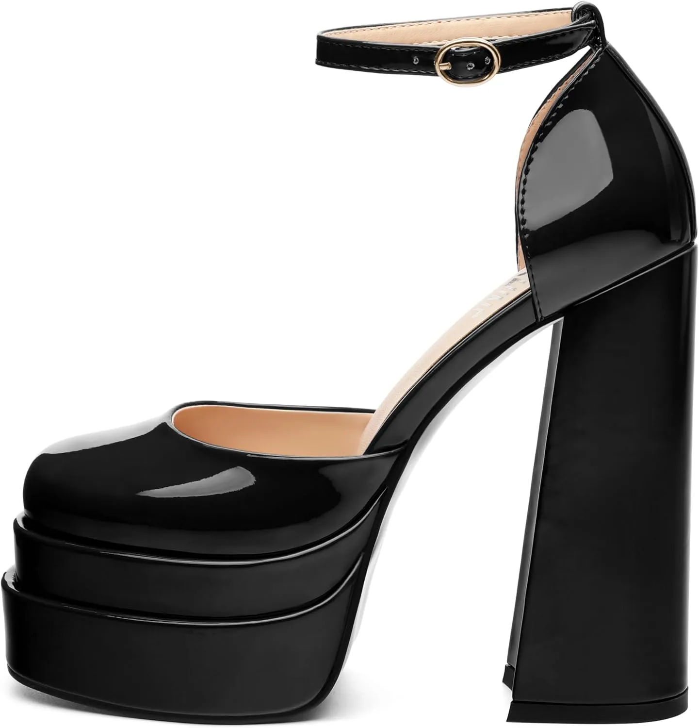 Platform Chunky High Heels for Women Paten Round Closed Toe Ankle Strap Sandals Sexy Fashion Party Dress Shoes