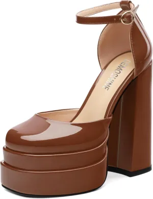 Platform Chunky High Heels for Women Paten Round Closed Toe Ankle Strap Sandals Sexy Fashion Party Dress Shoes