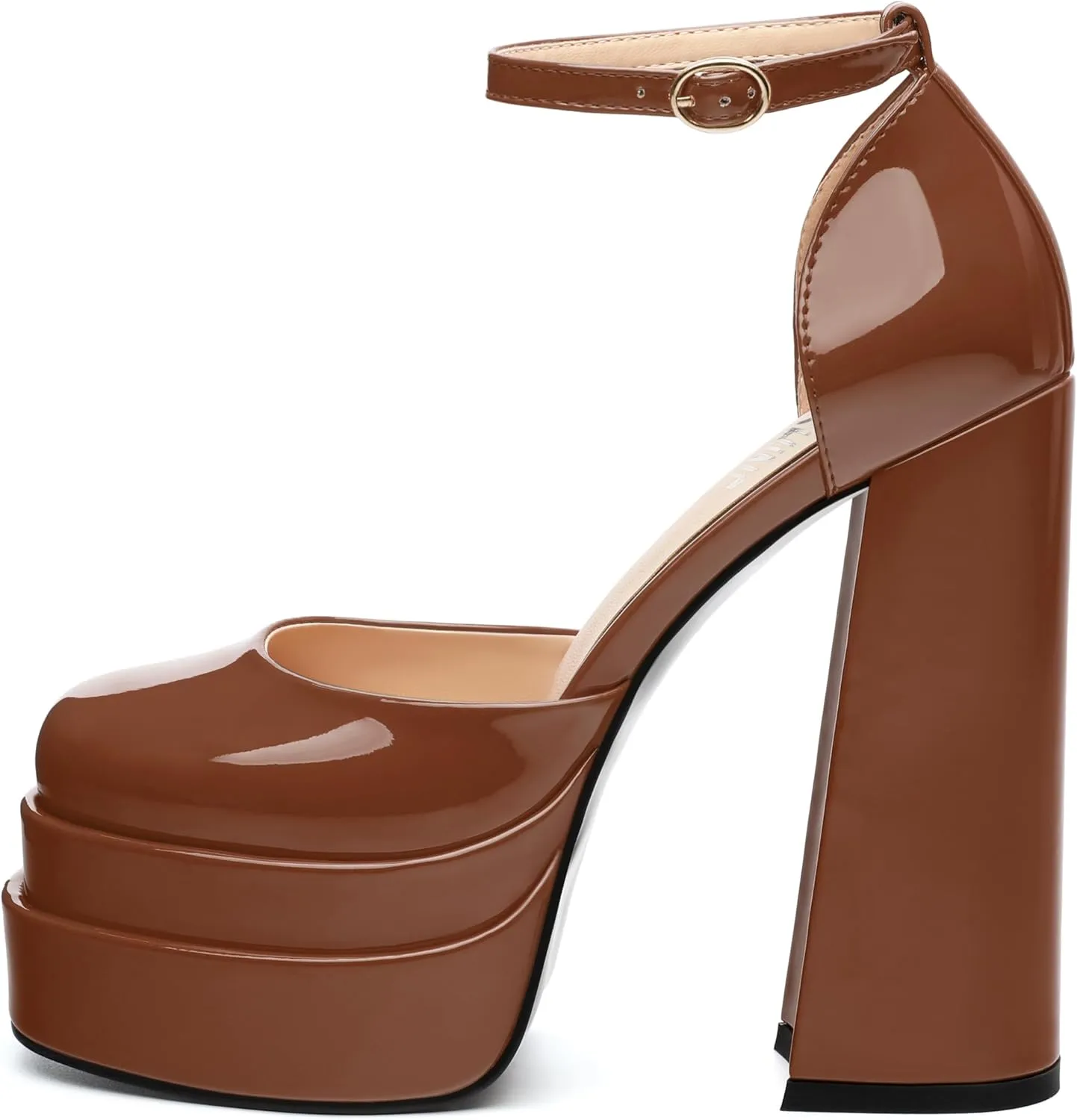 Platform Chunky High Heels for Women Paten Round Closed Toe Ankle Strap Sandals Sexy Fashion Party Dress Shoes