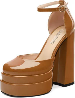 Platform Chunky High Heels for Women Paten Round Closed Toe Ankle Strap Sandals Sexy Fashion Party Dress Shoes