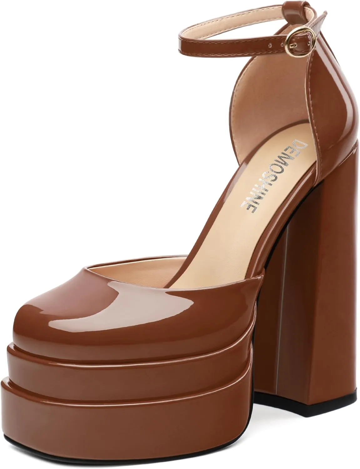 Platform Chunky High Heels for Women Paten Round Closed Toe Ankle Strap Sandals Sexy Fashion Party Dress Shoes