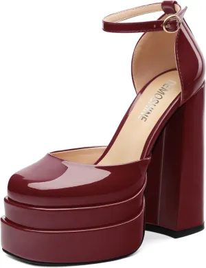 Platform Chunky High Heels for Women Paten Round Closed Toe Ankle Strap Sandals Sexy Fashion Party Dress Shoes