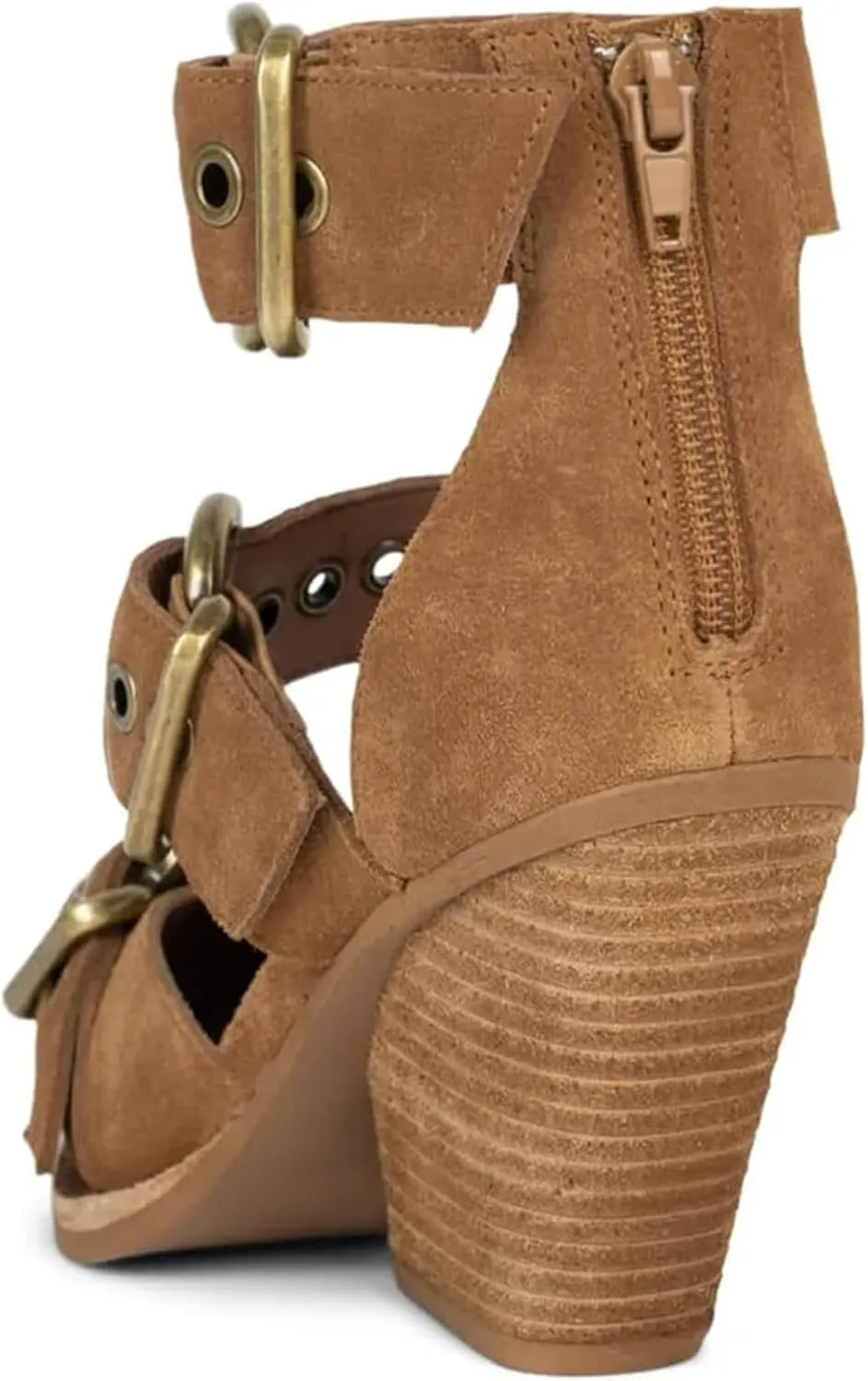 Pointed Toe Chunky Heels for Women Metal Buckle Strappy Medium Thick Wedge Western Stacked Heel Sandals
