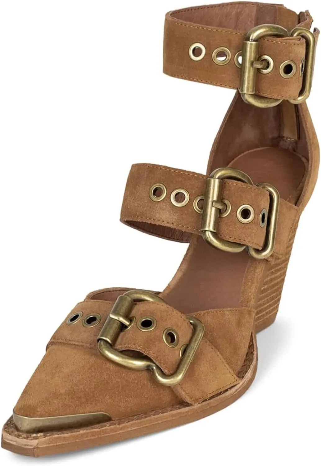 Pointed Toe Chunky Heels for Women Metal Buckle Strappy Medium Thick Wedge Western Stacked Heel Sandals
