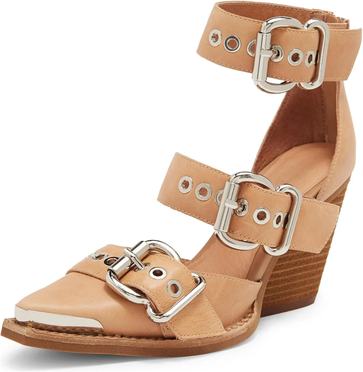 Pointed Toe Chunky Heels for Women Metal Buckle Strappy Medium Thick Wedge Western Stacked Heel Sandals