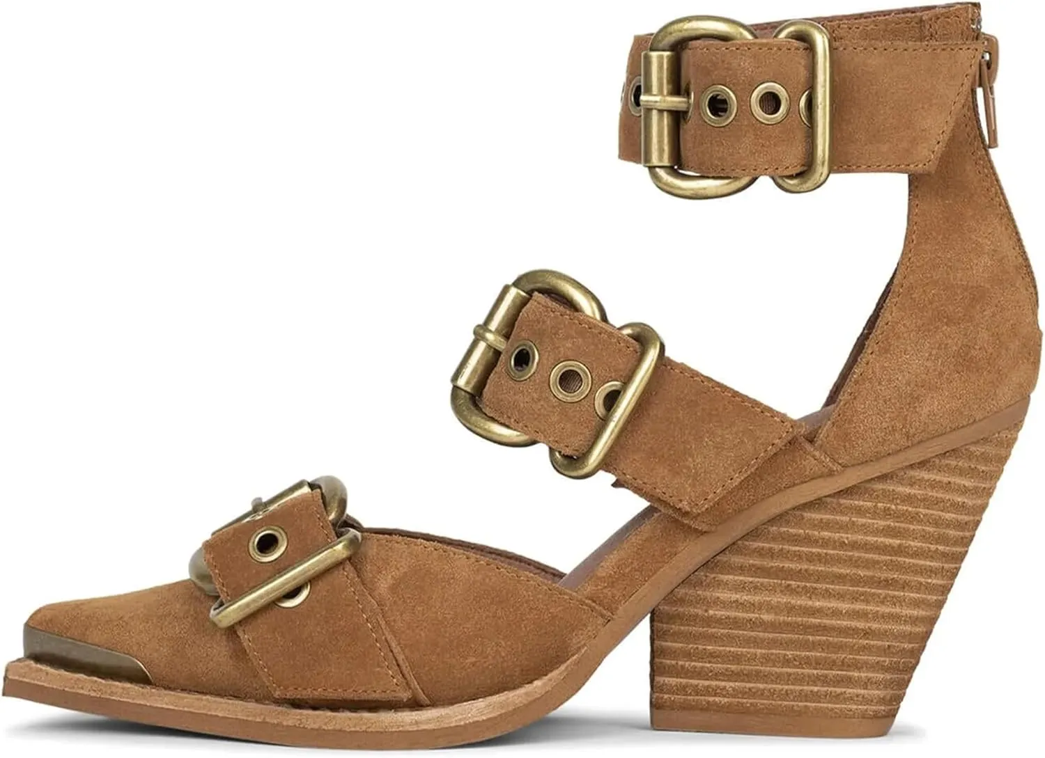 Pointed Toe Chunky Heels for Women Metal Buckle Strappy Medium Thick Wedge Western Stacked Heel Sandals