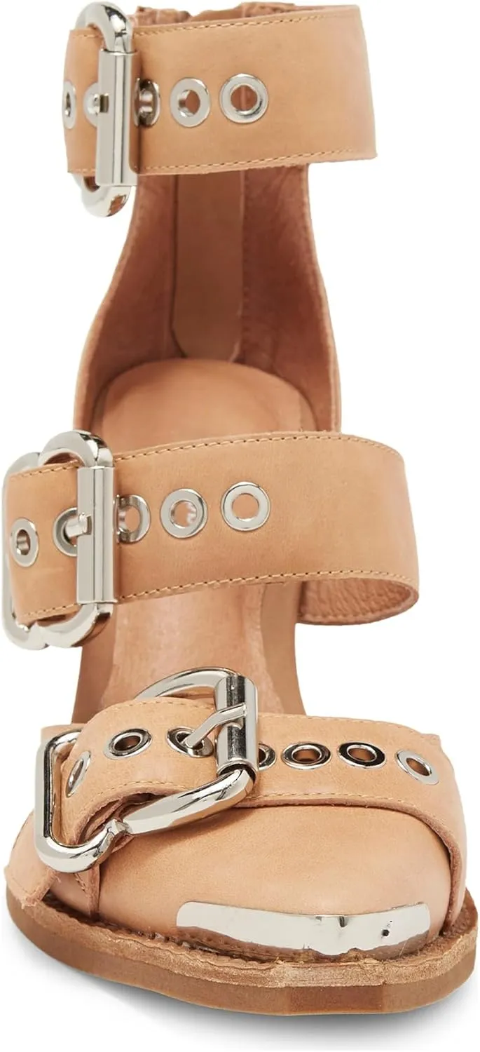 Pointed Toe Chunky Heels for Women Metal Buckle Strappy Medium Thick Wedge Western Stacked Heel Sandals