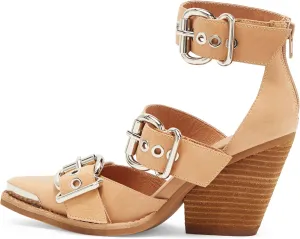 Pointed Toe Chunky Heels for Women Metal Buckle Strappy Medium Thick Wedge Western Stacked Heel Sandals