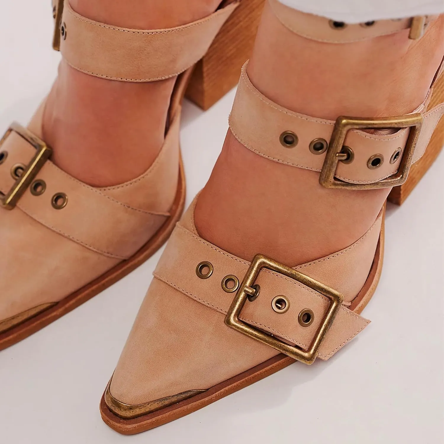 Pointed Toe Chunky Heels for Women Metal Buckle Strappy Medium Thick Wedge Western Stacked Heel Sandals