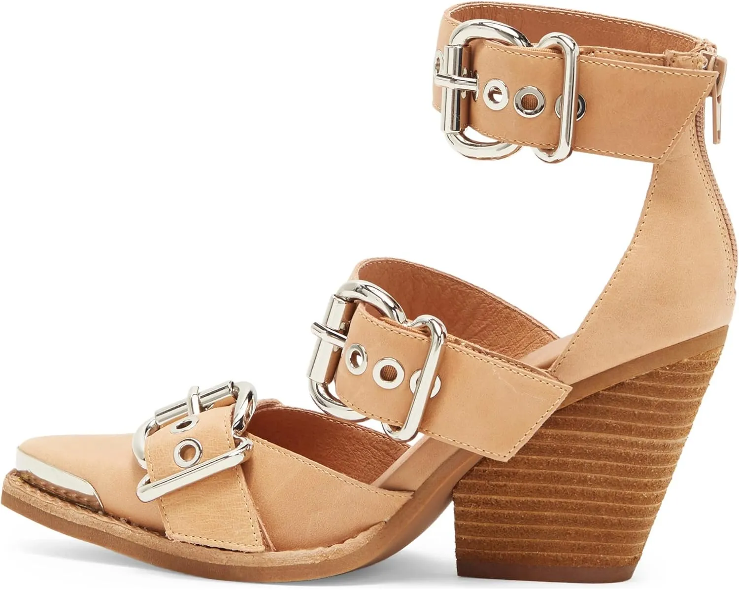 Pointed Toe Chunky Heels for Women Metal Buckle Strappy Medium Thick Wedge Western Stacked Heel Sandals