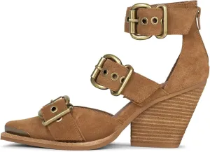 Pointed Toe Chunky Heels for Women Metal Buckle Strappy Medium Thick Wedge Western Stacked Heel Sandals