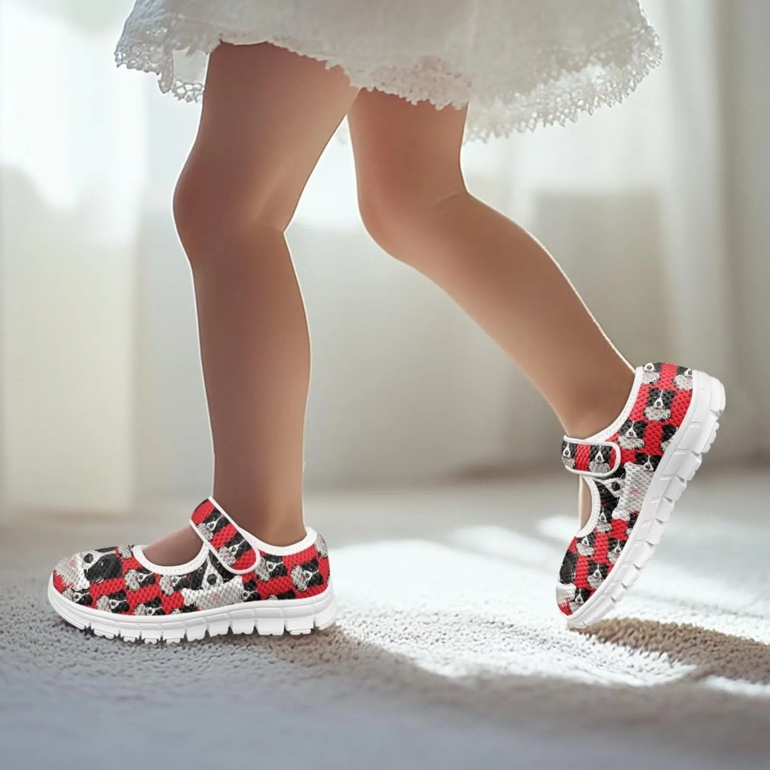 Puppy Print Mary Jane Shoes for Girls Toddler Dress Shoes Breathable Running Tennis Sneaker School Mesh Barefoot Shoes