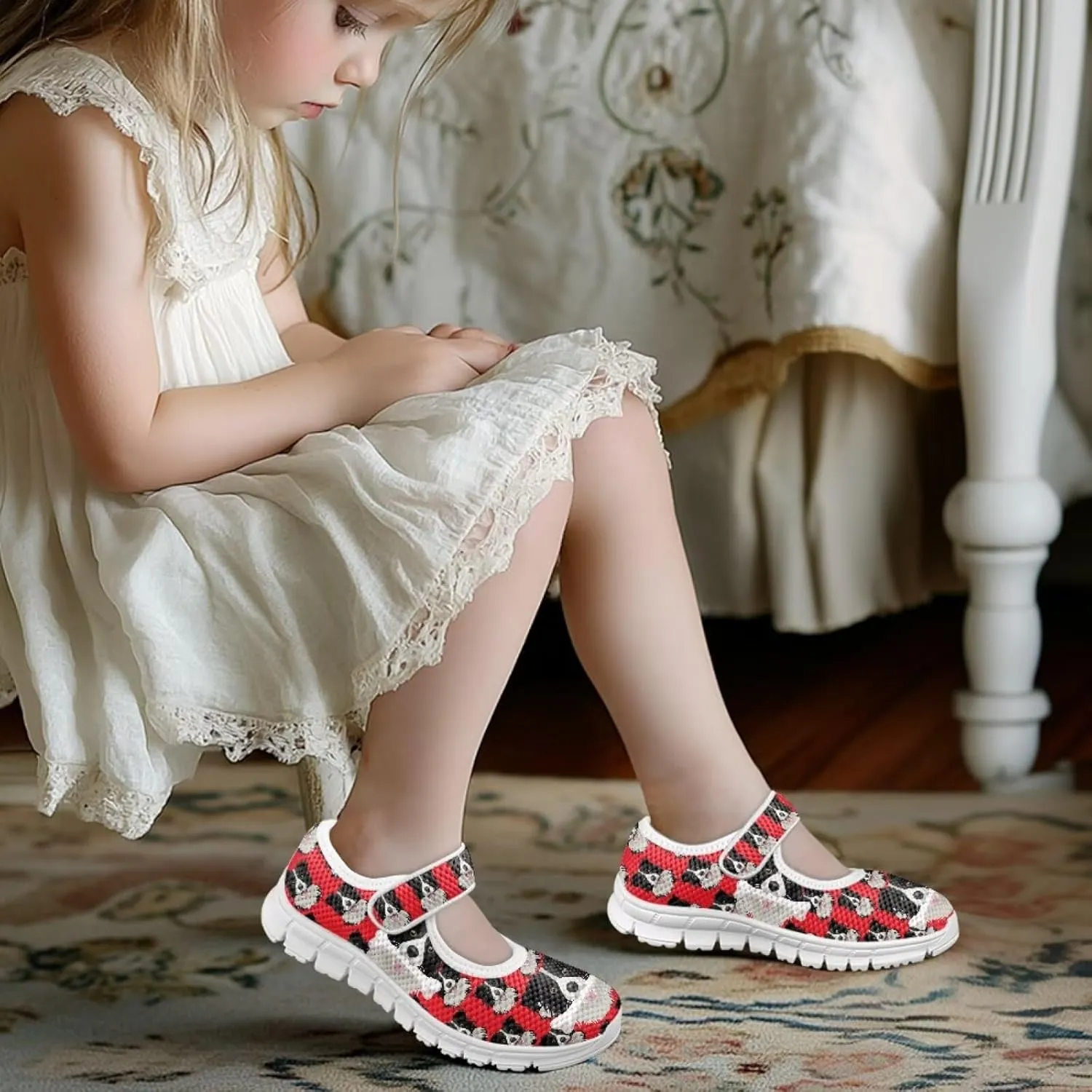 Puppy Print Mary Jane Shoes for Girls Toddler Dress Shoes Breathable Running Tennis Sneaker School Mesh Barefoot Shoes