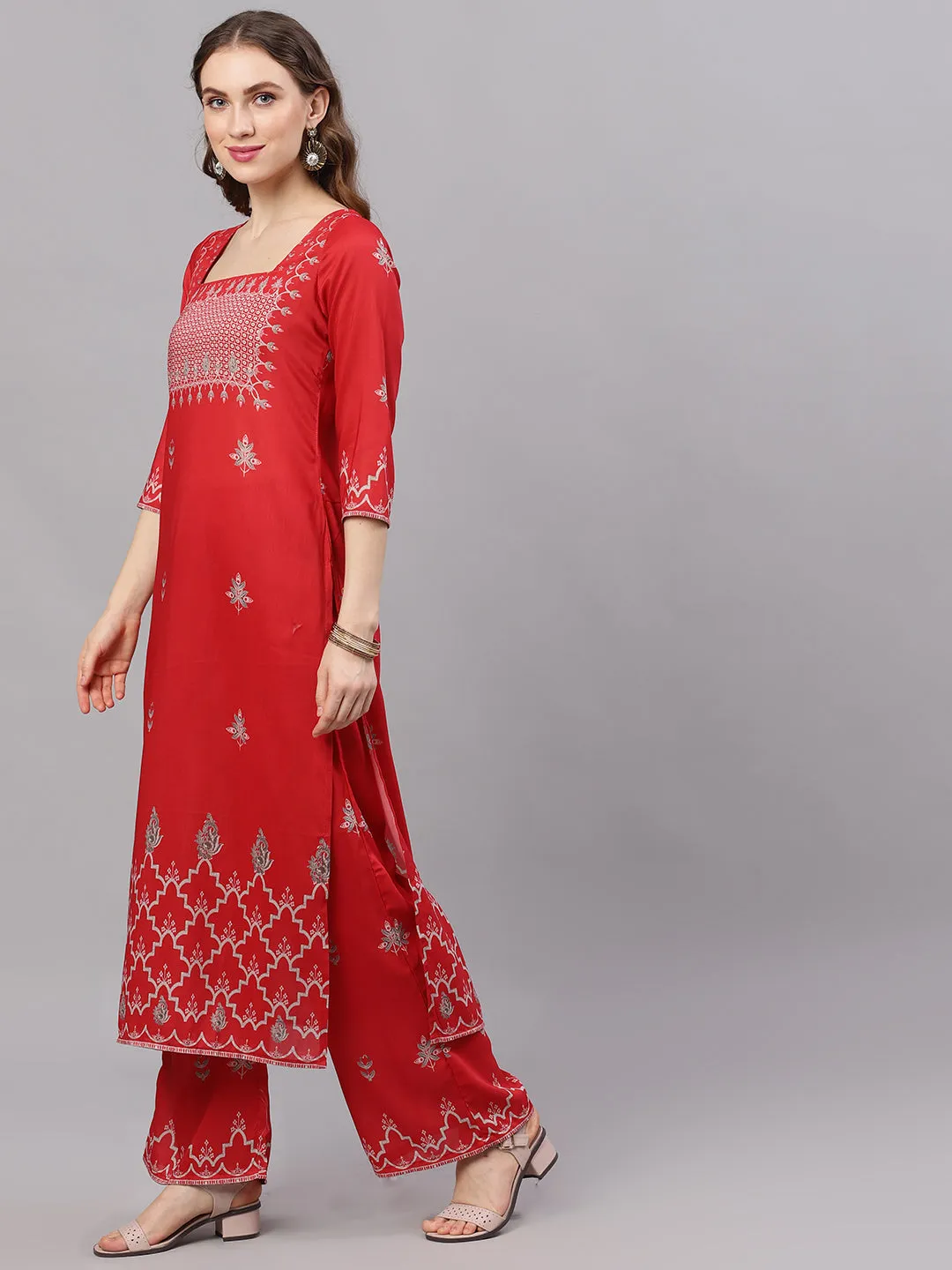 Red Printed Kurta With Palazzo