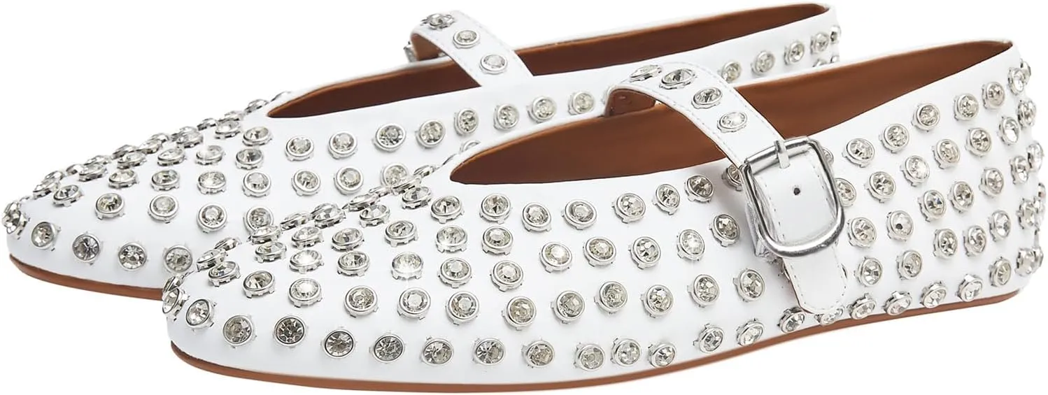 Rhinestone Ballet Flats for Women Sparkly Crystals Ballerina Shoes Women's Buckled Strap Mary Jane Flat Comfort Casual Low Heels