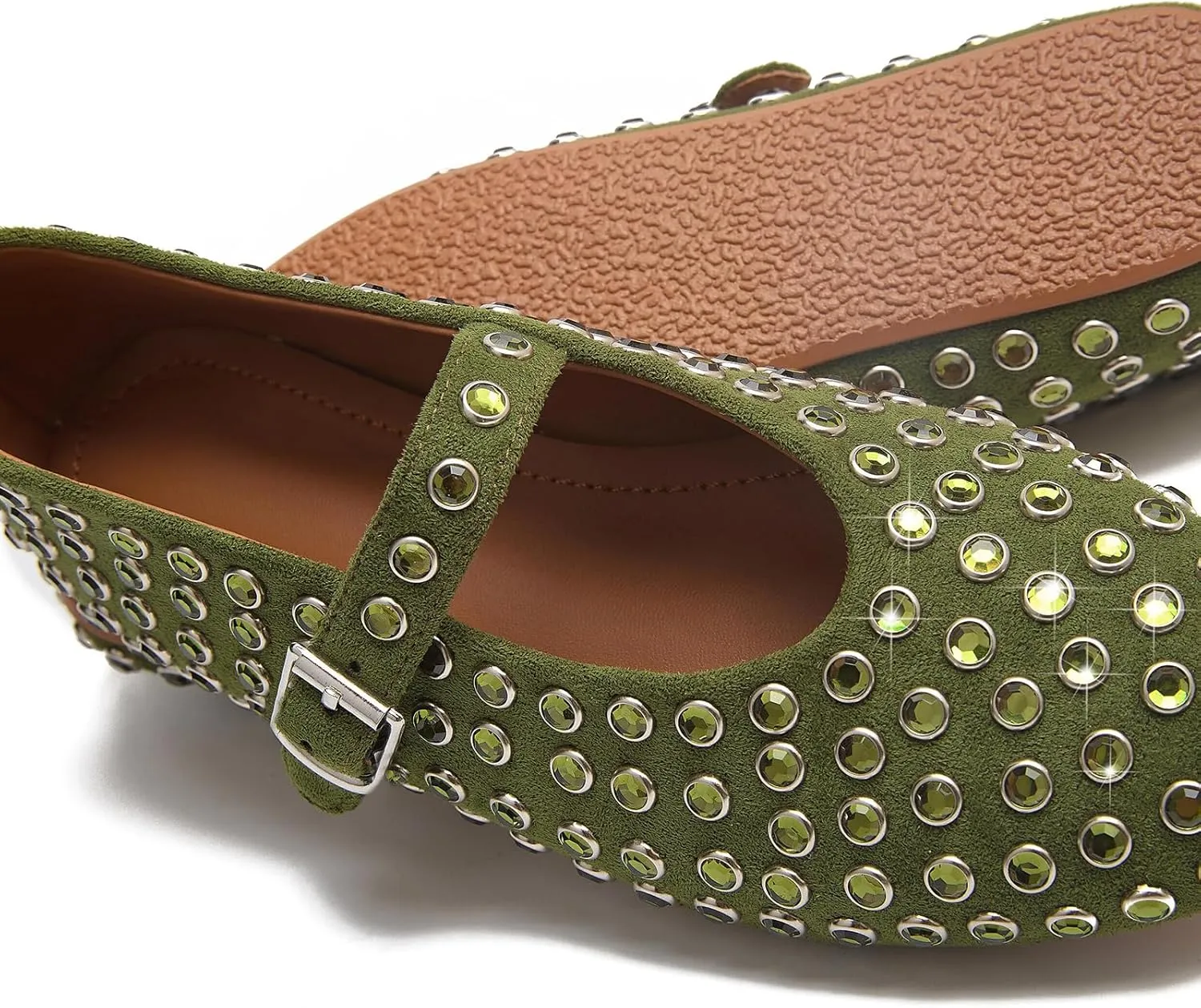 Rhinestone Ballet Flats for Women Sparkly Crystals Ballerina Shoes Women's Buckled Strap Mary Jane Flat Comfort Casual Low Heels