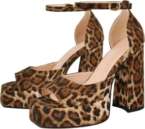 richealnini Leopard Printed Platform Sandals with Buckle Square Toe Block High Heels Ankle Strap Dance Shoes Wedding Party Dress