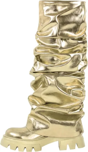 richealnini Metallic Knee High Boots for Women Round Toe Platform Heel Pull On Slouch Boots