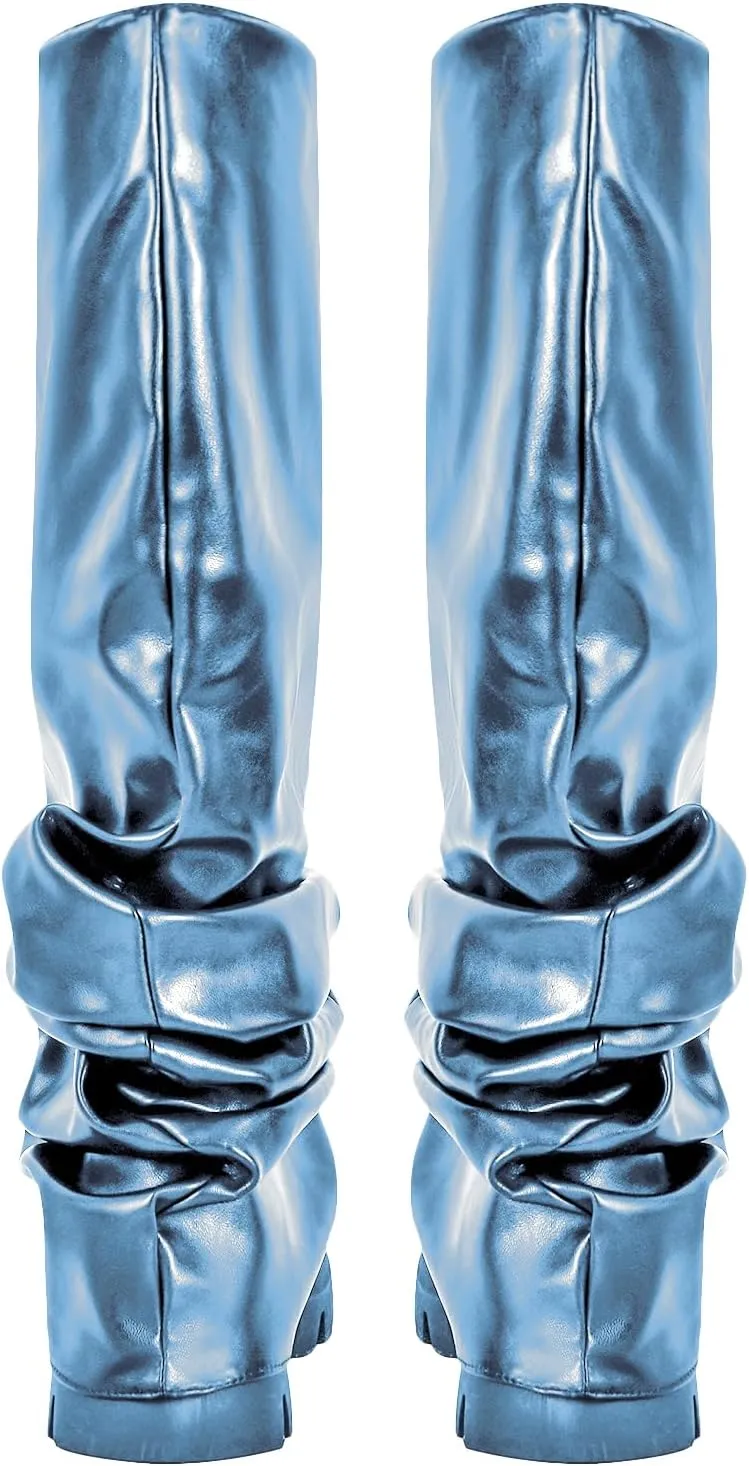 richealnini Metallic Knee High Boots for Women Round Toe Platform Heel Pull On Slouch Boots