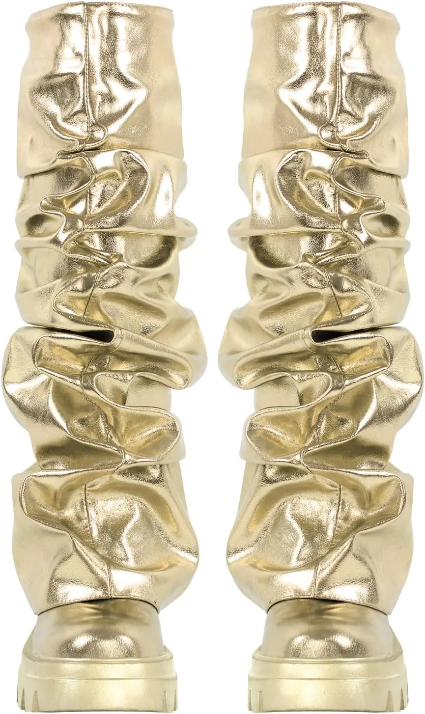 richealnini Metallic Knee High Boots for Women Round Toe Platform Heel Pull On Slouch Boots