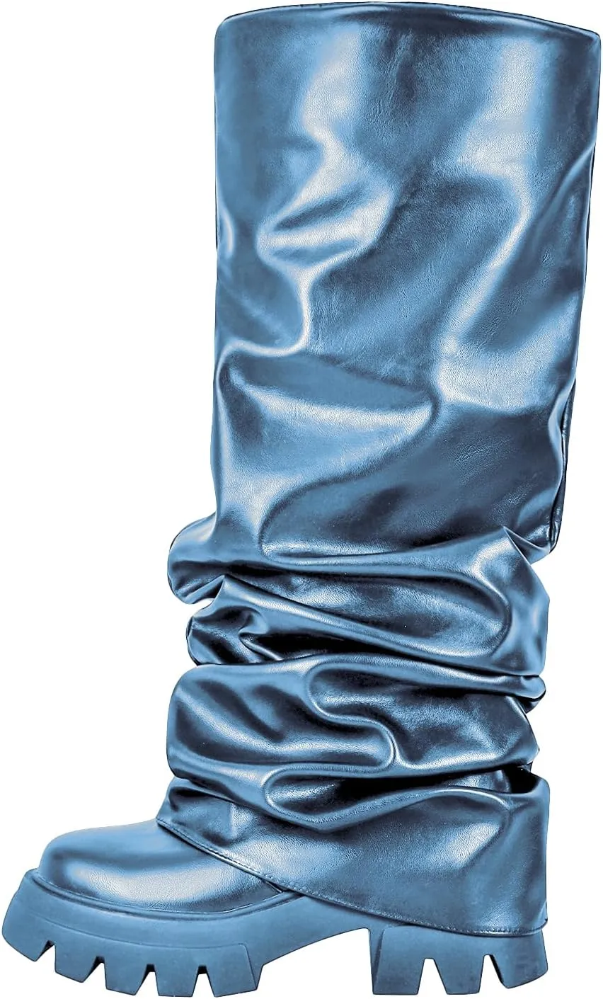 richealnini Metallic Knee High Boots for Women Round Toe Platform Heel Pull On Slouch Boots