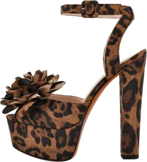 richealnini Platform Heel for Women Leopard Print Sandals Block Flower Heels