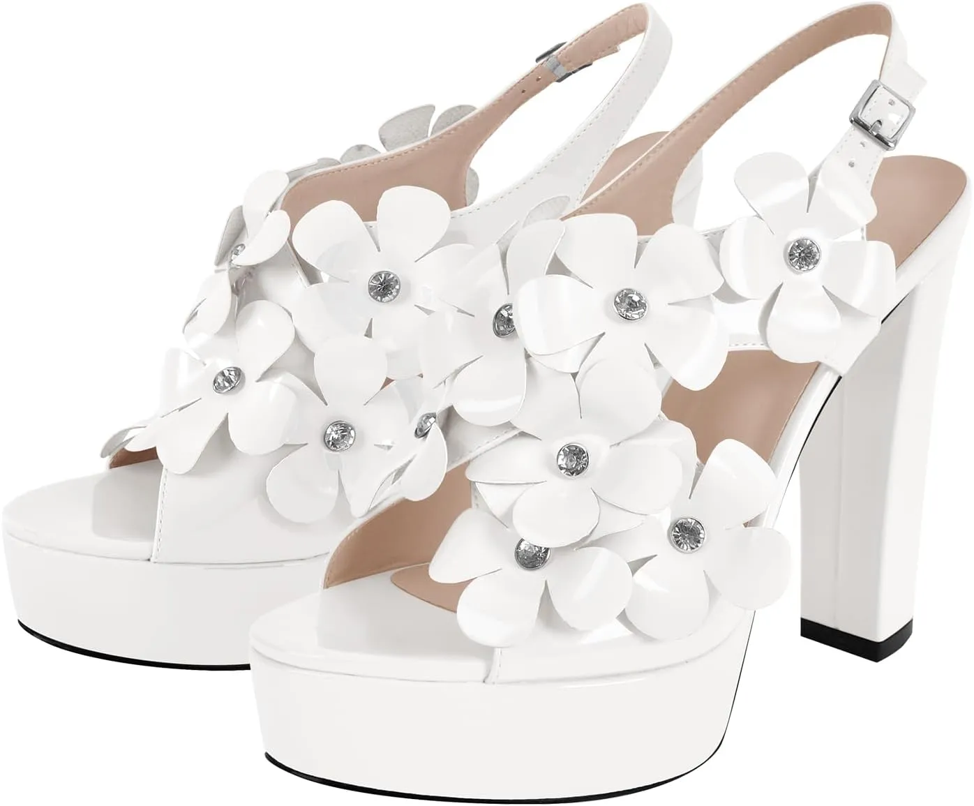 richealnini Rhinestone Floral Heels for Women Ankle Buckle Strap Platform Sandals with Block Heels Dance Wedding Dress