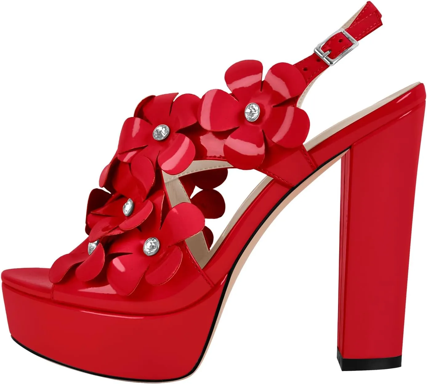 richealnini Rhinestone Floral Heels for Women Ankle Buckle Strap Platform Sandals with Block Heels Dance Wedding Dress