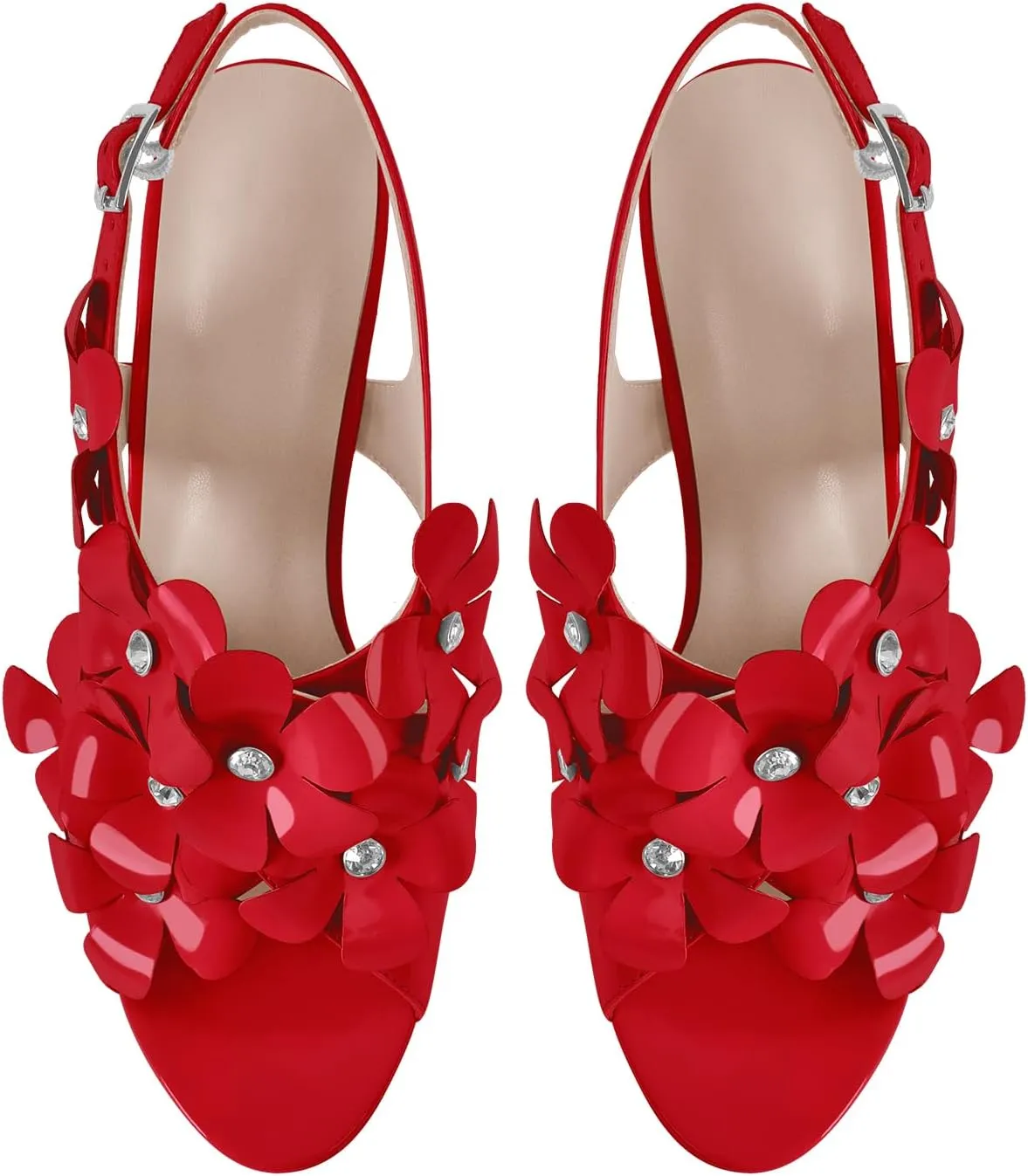 richealnini Rhinestone Floral Heels for Women Ankle Buckle Strap Platform Sandals with Block Heels Dance Wedding Dress