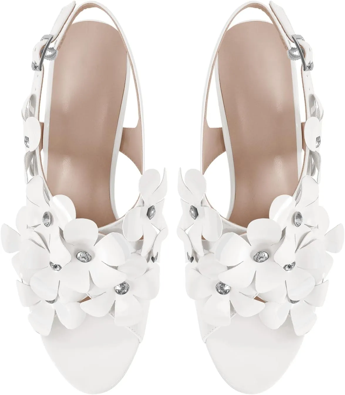 richealnini Rhinestone Floral Heels for Women Ankle Buckle Strap Platform Sandals with Block Heels Dance Wedding Dress