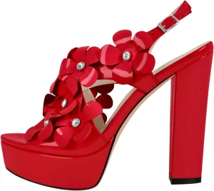 richealnini Rhinestone Floral Heels for Women Ankle Buckle Strap Platform Sandals with Block Heels Dance Wedding Dress