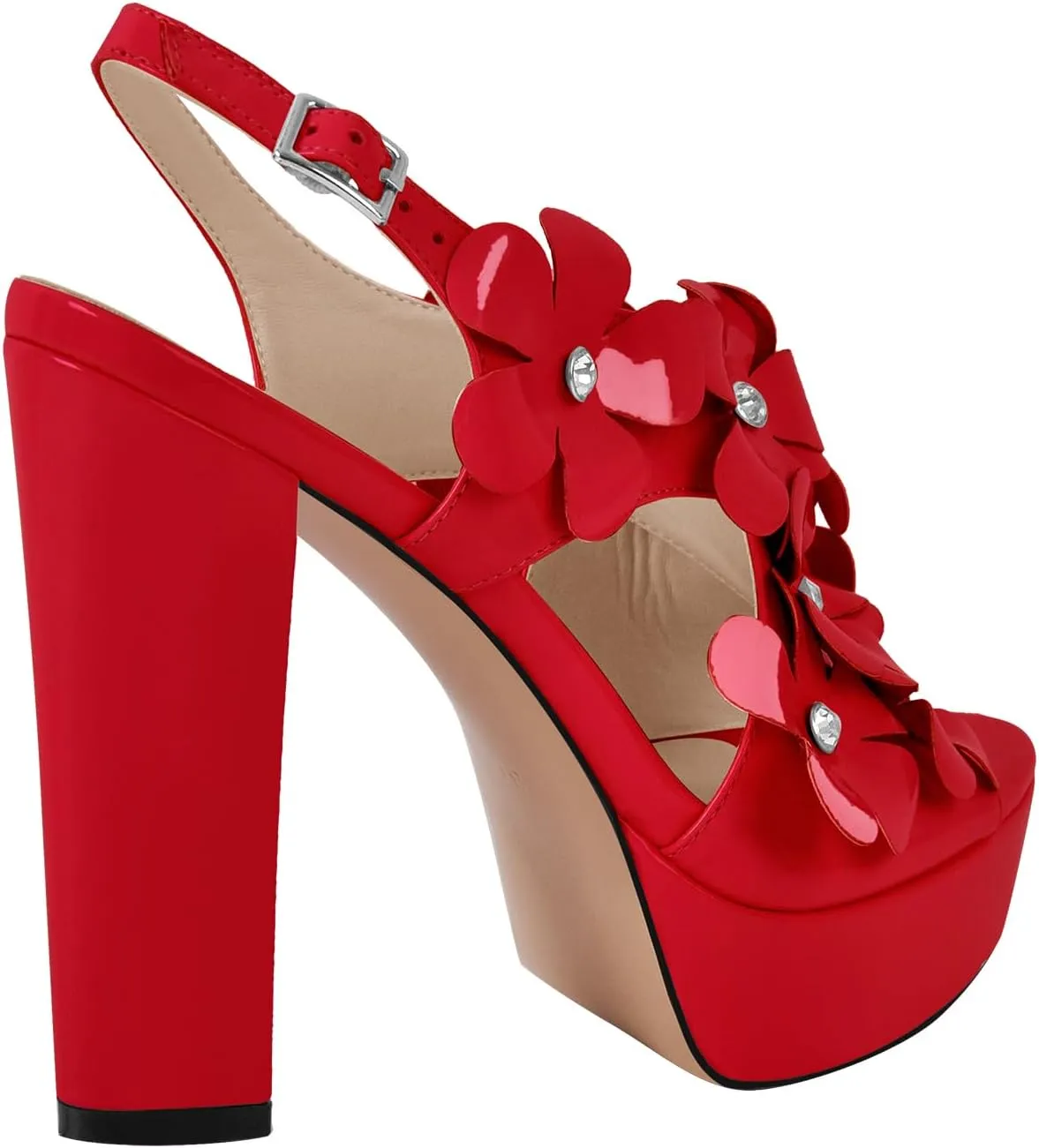 richealnini Rhinestone Floral Heels for Women Ankle Buckle Strap Platform Sandals with Block Heels Dance Wedding Dress