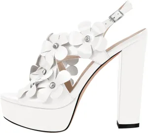 richealnini Rhinestone Floral Heels for Women Ankle Buckle Strap Platform Sandals with Block Heels Dance Wedding Dress