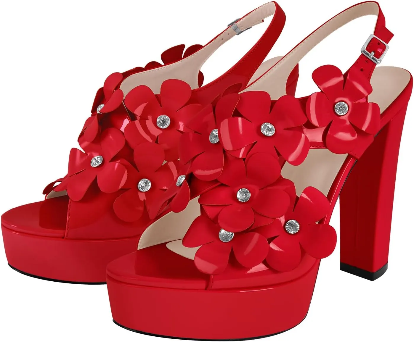 richealnini Rhinestone Floral Heels for Women Ankle Buckle Strap Platform Sandals with Block Heels Dance Wedding Dress