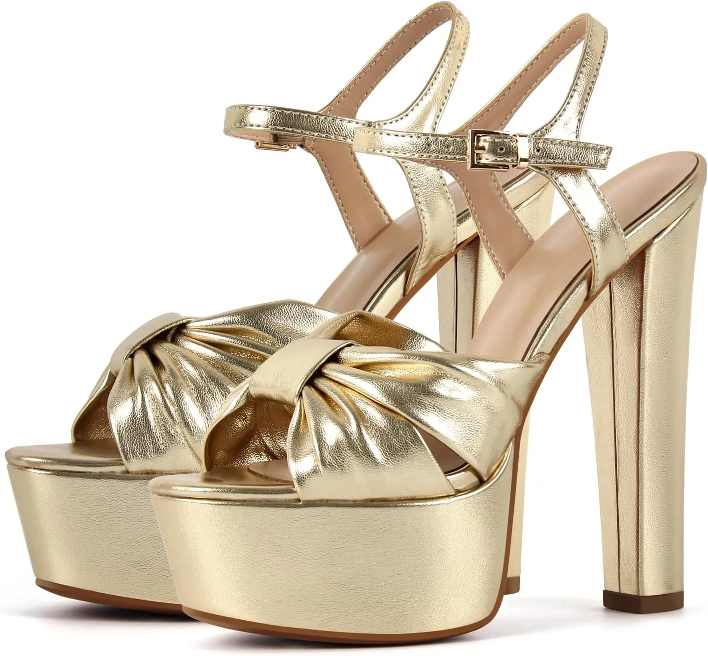 richealnini Sparkly Ankle Buckle Strap Platform Sandals for Women Open Toe Knot Block High Heels Wedding Party Dress