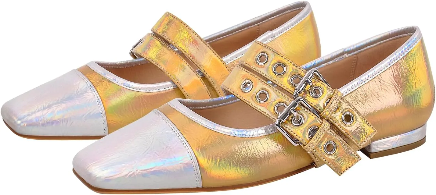 richealnini Women's Low Block Heel Square Toe Flats Patent Leather Pumps Adjustable Buckle Wedding Dress