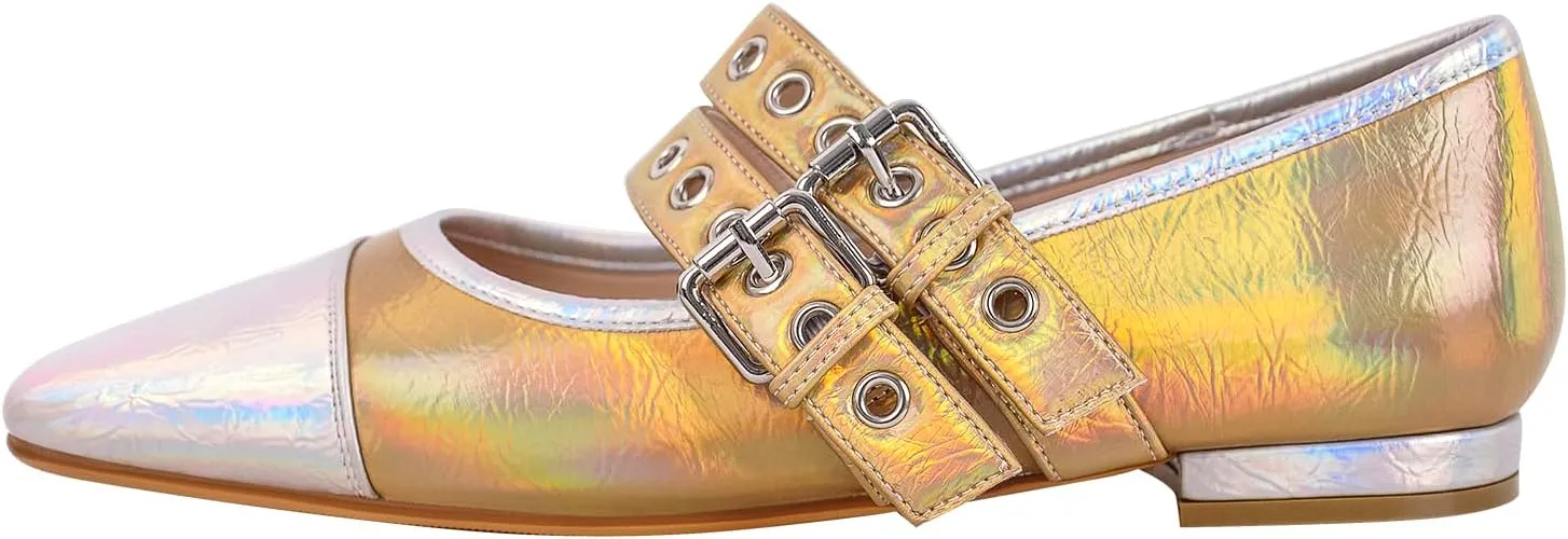 richealnini Women's Low Block Heel Square Toe Flats Patent Leather Pumps Adjustable Buckle Wedding Dress