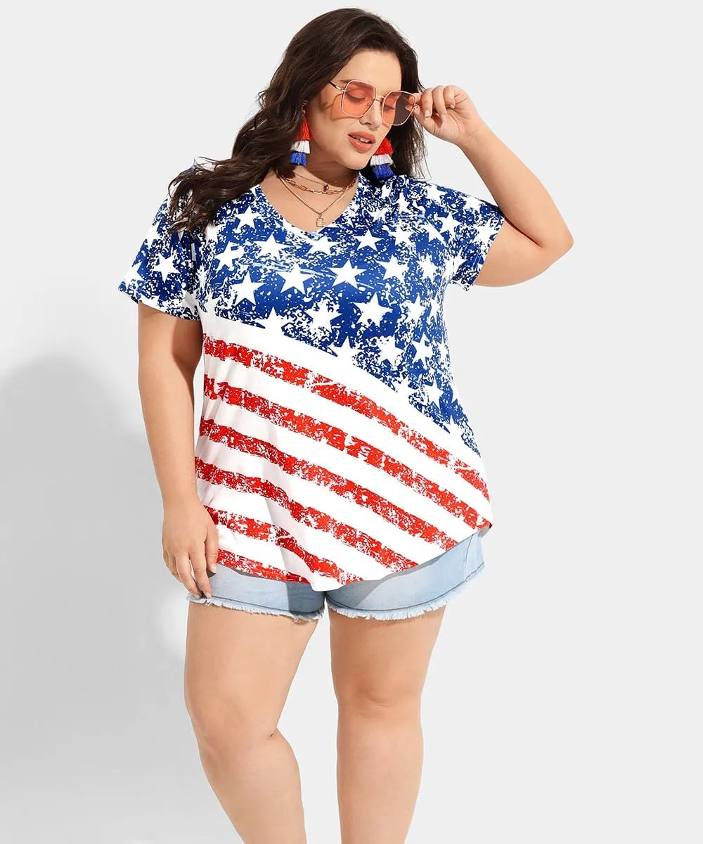 RITERA Plus Size American Flag Tops for Women Patriotic Shirt Oversized Tunic Color Block Summer V Neck Henley Tshirt XL-5XL