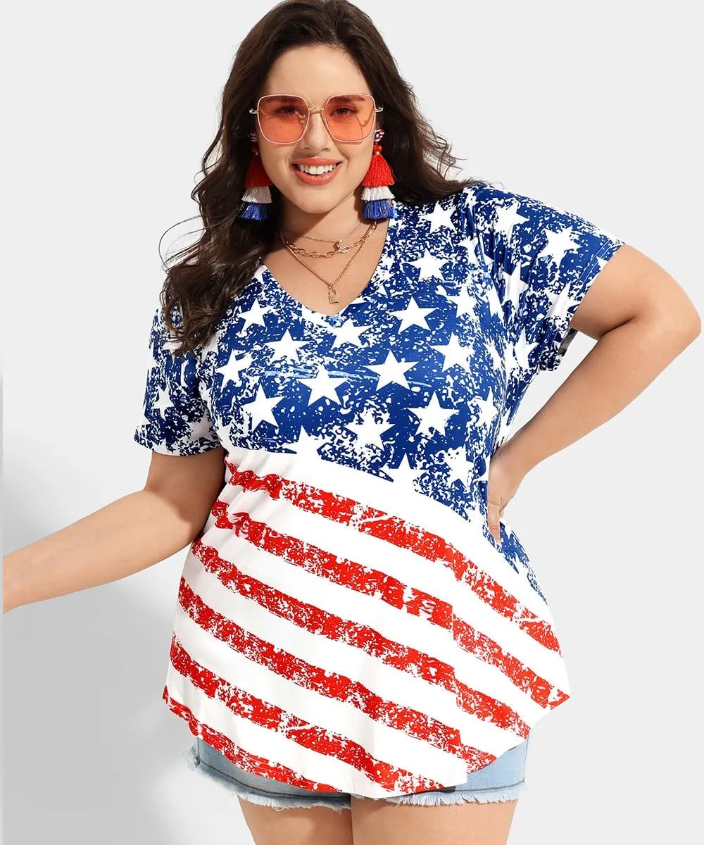 RITERA Plus Size American Flag Tops for Women Patriotic Shirt Oversized Tunic Color Block Summer V Neck Henley Tshirt XL-5XL