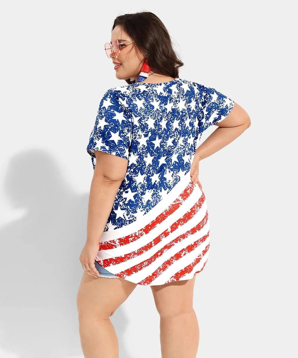 RITERA Plus Size American Flag Tops for Women Patriotic Shirt Oversized Tunic Color Block Summer V Neck Henley Tshirt XL-5XL
