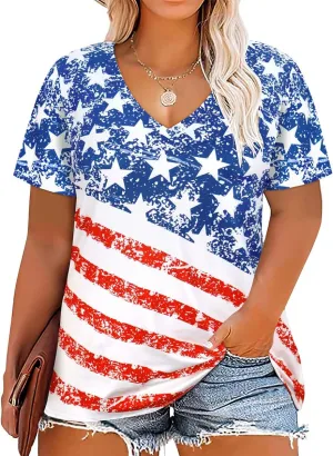 RITERA Plus Size American Flag Tops for Women Patriotic Shirt Oversized Tunic Color Block Summer V Neck Henley Tshirt XL-5XL