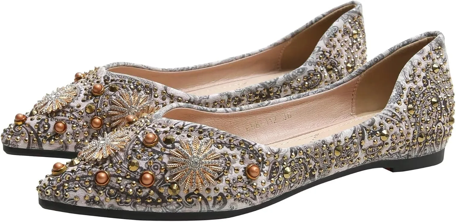 SAILING LU Women's Flats Shoes Sparkly Rhinestone Dressy Casual Slip ons Ballet Flats Floral Dress Shoes for Women Wedding Flats Comfortable