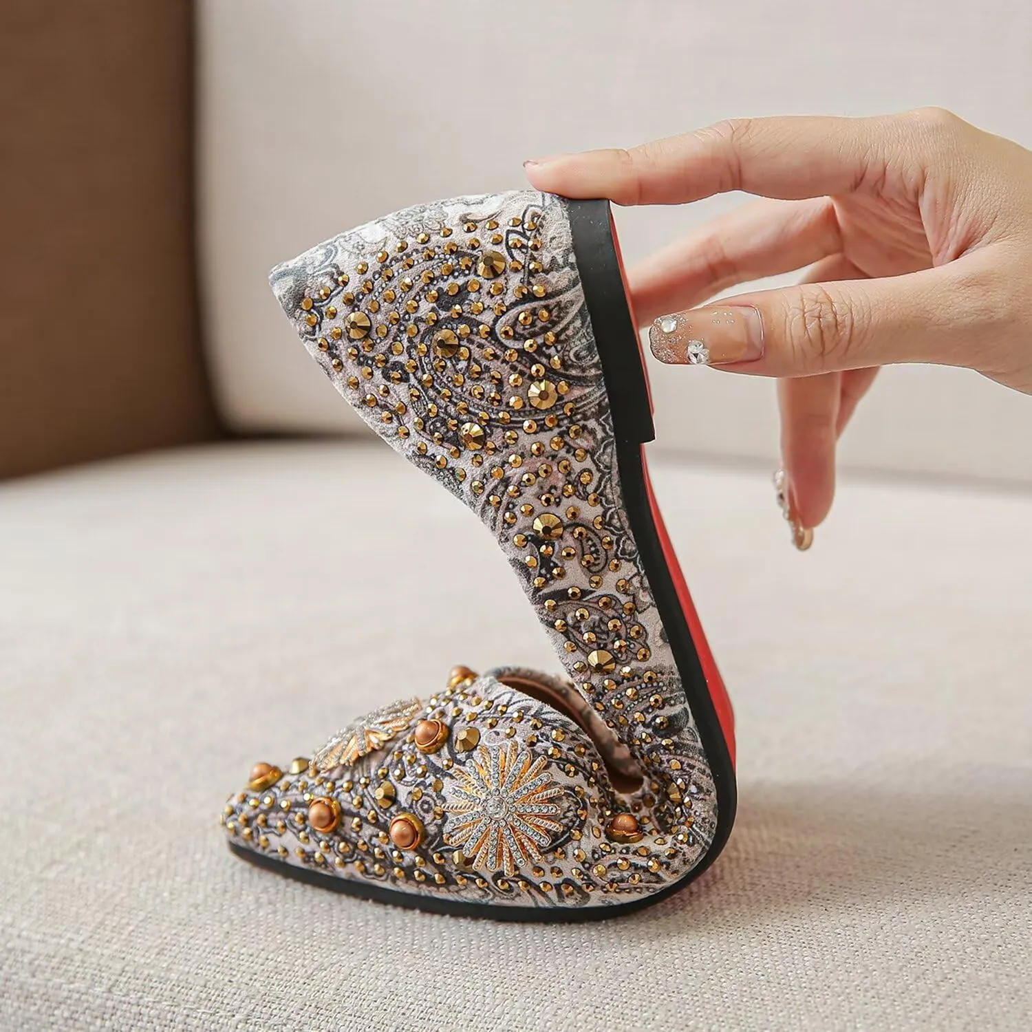 SAILING LU Women's Flats Shoes Sparkly Rhinestone Dressy Casual Slip ons Ballet Flats Floral Dress Shoes for Women Wedding Flats Comfortable