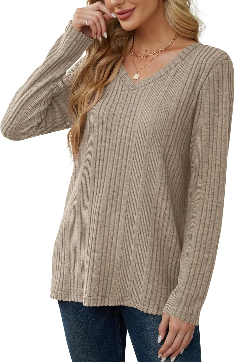 Saloogoe Womens Long Sleeve Tops V Neck Shirts Lightweight Tunic Sweaters Fashion 2024