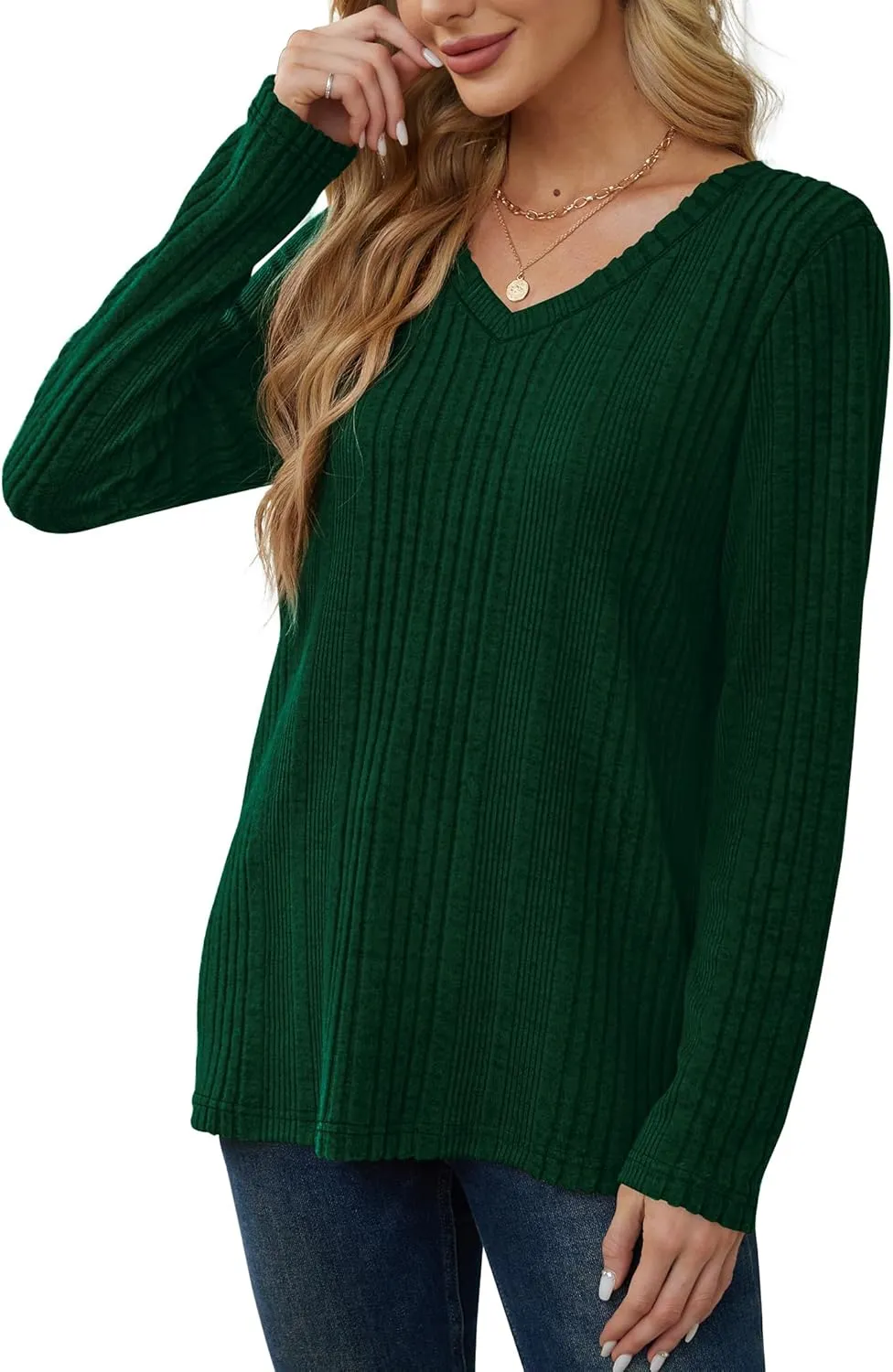 Saloogoe Womens Long Sleeve Tops V Neck Shirts Lightweight Tunic Sweaters Fashion 2024