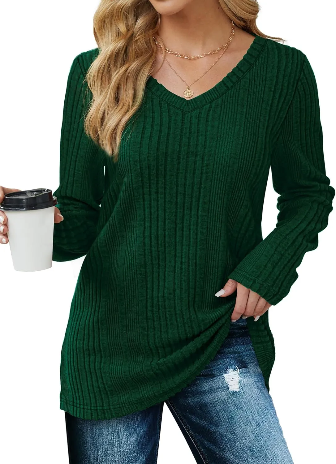 Saloogoe Womens Long Sleeve Tops V Neck Shirts Lightweight Tunic Sweaters Fashion 2024