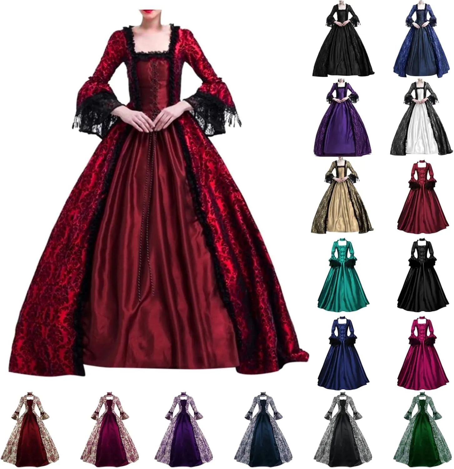 SEAOPEN Victorian Dress for Women Halloween Medieval Renaissance Dress Flare Sleeve Vintage Dress Cocktail Party Ball Gown